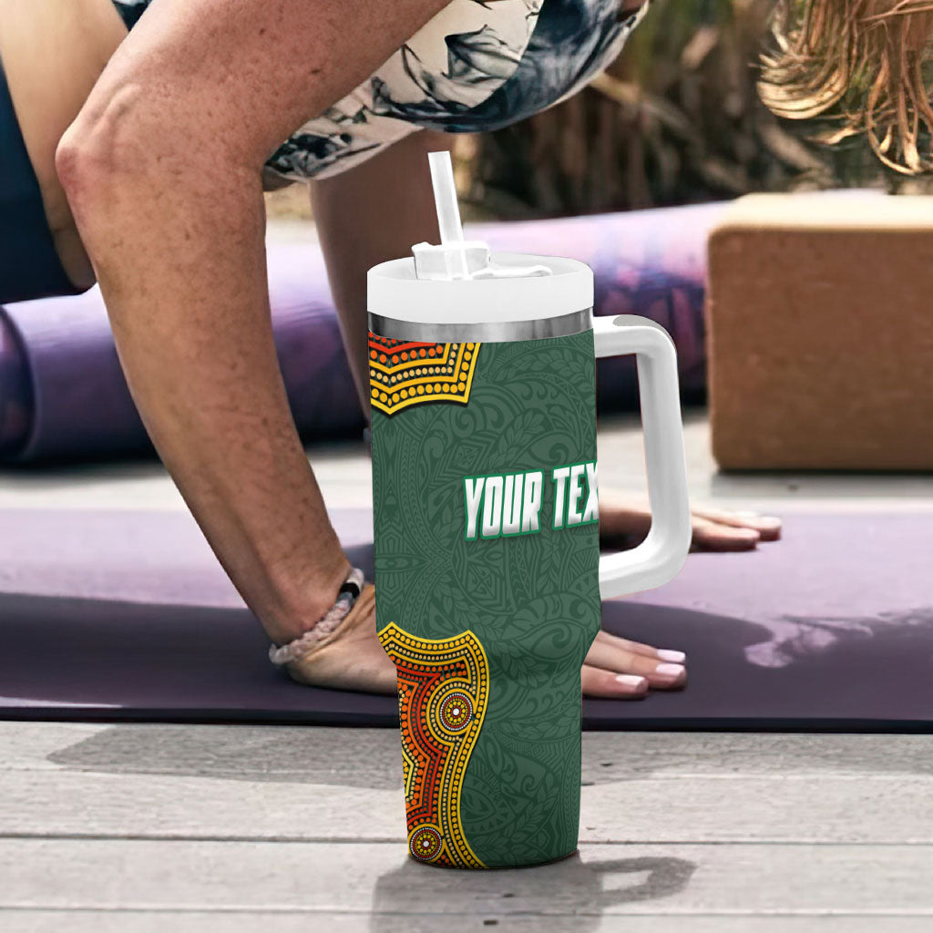 Personalized Kookaburras Field Hockey Tumbler With Handle Kangaroo Australian Indigenous Dot Art Style With Vibrant Sun Patterns