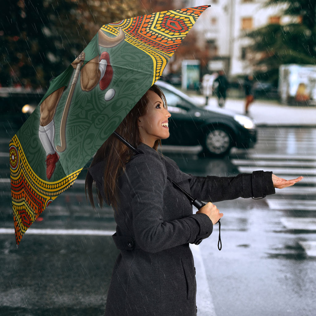 Personalized Kookaburras Field Hockey Umbrella Kangaroo Australian Indigenous Dot Art Style With Vibrant Sun Patterns
