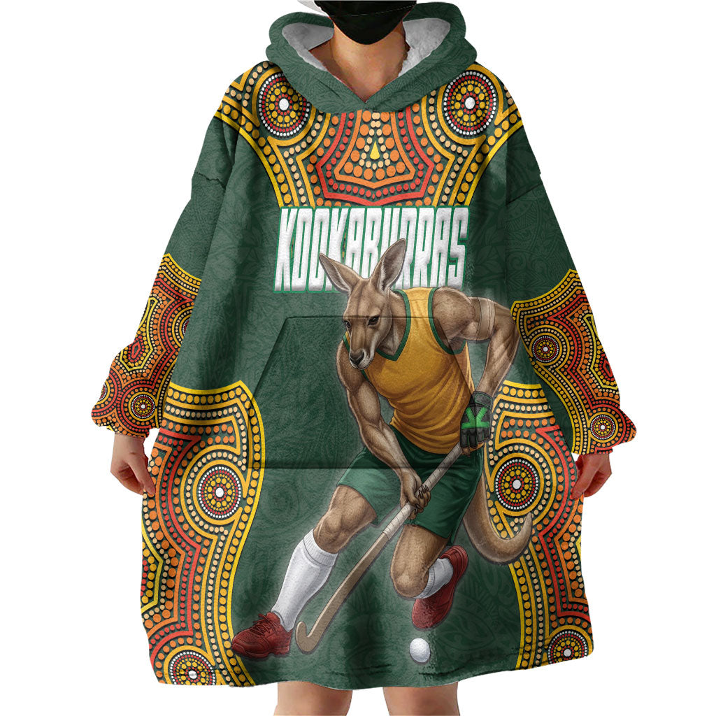 Personalized Kookaburras Field Hockey Wearable Blanket Hoodie Kangaroo Australian Indigenous Dot Art Style With Vibrant Sun Patterns