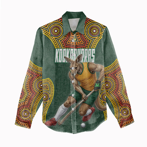 Personalized Kookaburras Field Hockey Women Casual Shirt Kangaroo Australian Indigenous Dot Art Style With Vibrant Sun Patterns