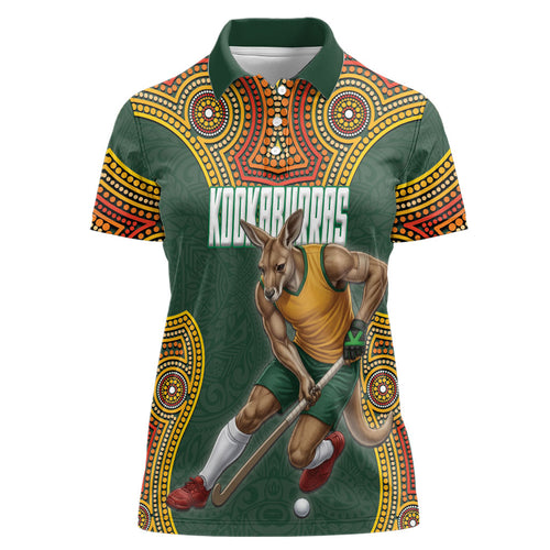 Personalized Kookaburras Field Hockey Women Polo Shirt Kangaroo Australian Indigenous Dot Art Style With Vibrant Sun Patterns