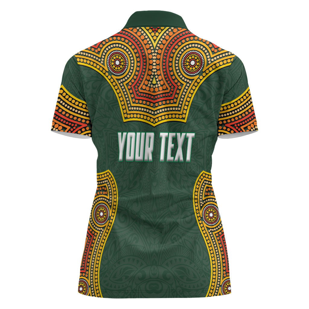 Personalized Kookaburras Field Hockey Women Polo Shirt Kangaroo Australian Indigenous Dot Art Style With Vibrant Sun Patterns