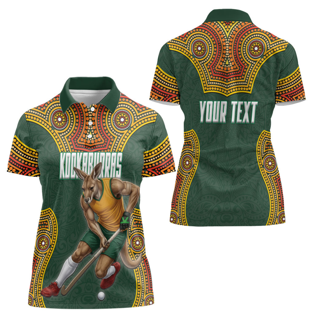 Personalized Kookaburras Field Hockey Women Polo Shirt Kangaroo Australian Indigenous Dot Art Style With Vibrant Sun Patterns