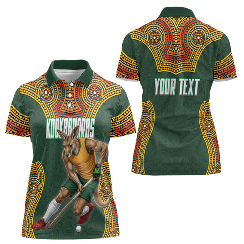 Personalized Kookaburras Field Hockey Women Polo Shirt Kangaroo Australian Indigenous Dot Art Style With Vibrant Sun Patterns