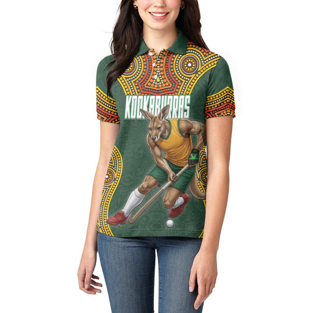 Personalized Kookaburras Field Hockey Women Polo Shirt Kangaroo Australian Indigenous Dot Art Style With Vibrant Sun Patterns