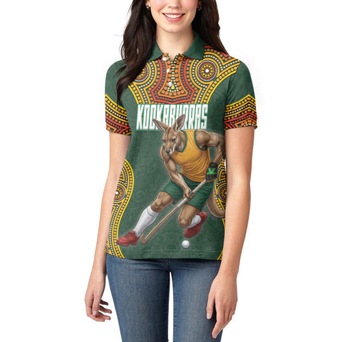 Personalized Kookaburras Field Hockey Women Polo Shirt Kangaroo Australian Indigenous Dot Art Style With Vibrant Sun Patterns