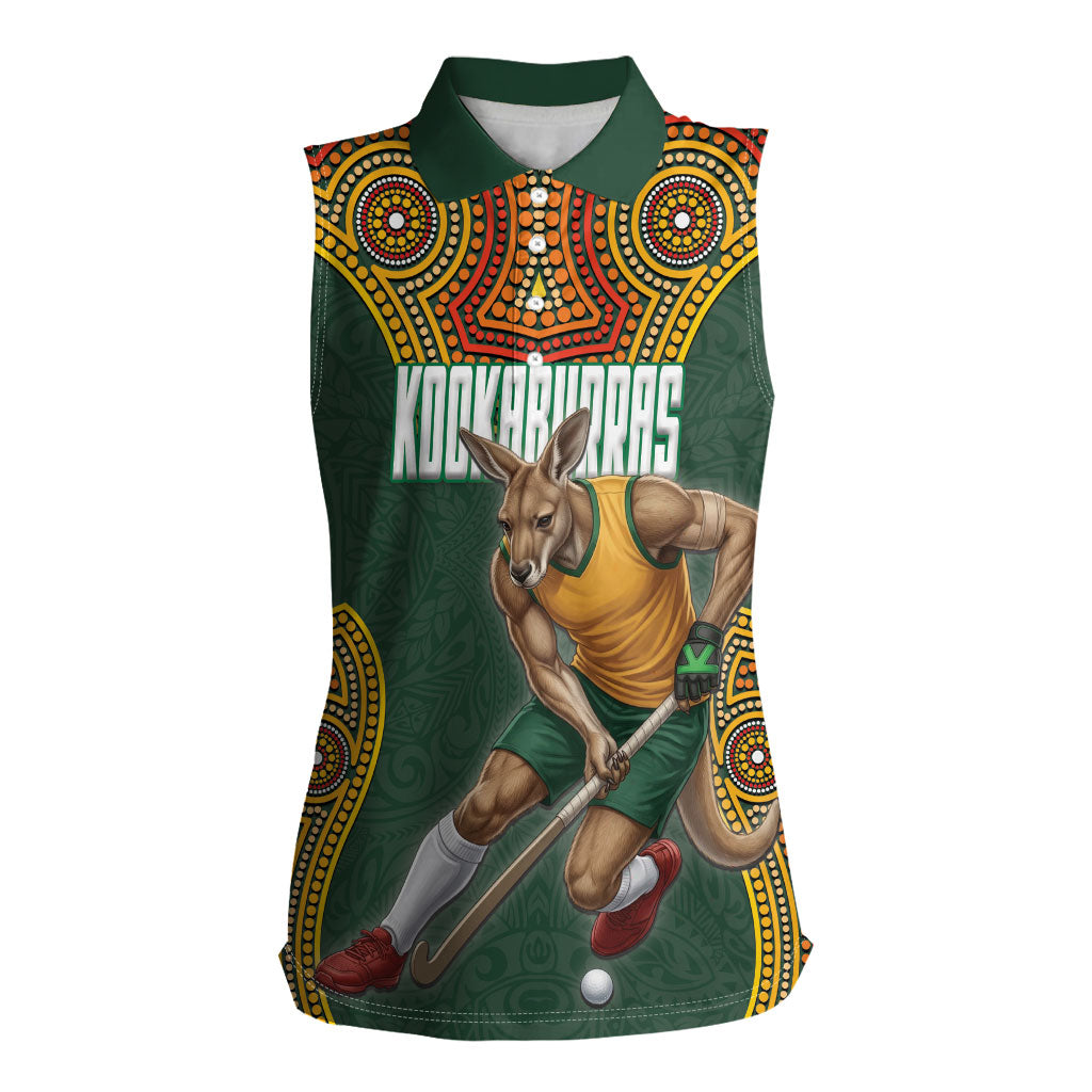 Personalized Kookaburras Field Hockey Women Sleeveless Polo Shirt Kangaroo Australian Indigenous Dot Art Style With Vibrant Sun Patterns