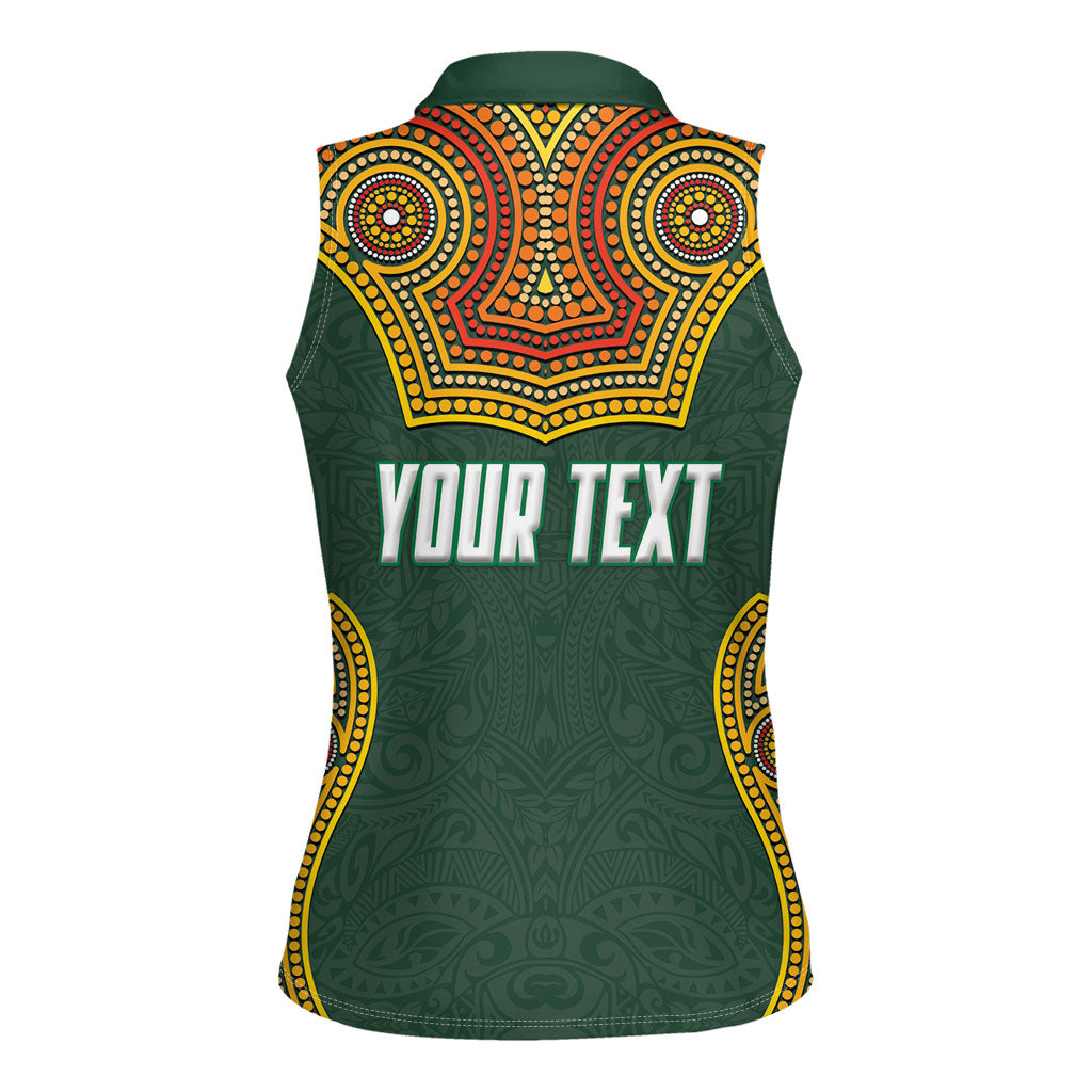 Personalized Kookaburras Field Hockey Women Sleeveless Polo Shirt Kangaroo Australian Indigenous Dot Art Style With Vibrant Sun Patterns