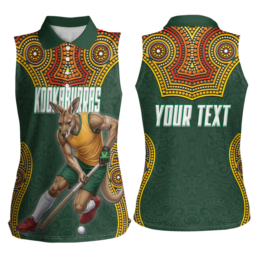 Personalized Kookaburras Field Hockey Women Sleeveless Polo Shirt Kangaroo Australian Indigenous Dot Art Style With Vibrant Sun Patterns
