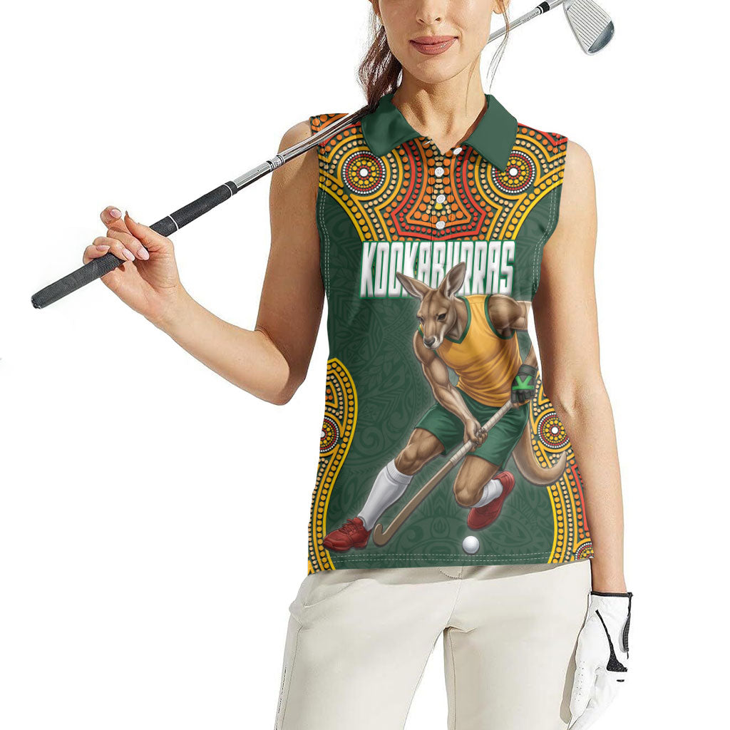Personalized Kookaburras Field Hockey Women Sleeveless Polo Shirt Kangaroo Australian Indigenous Dot Art Style With Vibrant Sun Patterns