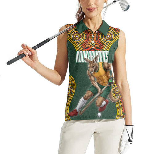 Personalized Kookaburras Field Hockey Women Sleeveless Polo Shirt Kangaroo Australian Indigenous Dot Art Style With Vibrant Sun Patterns