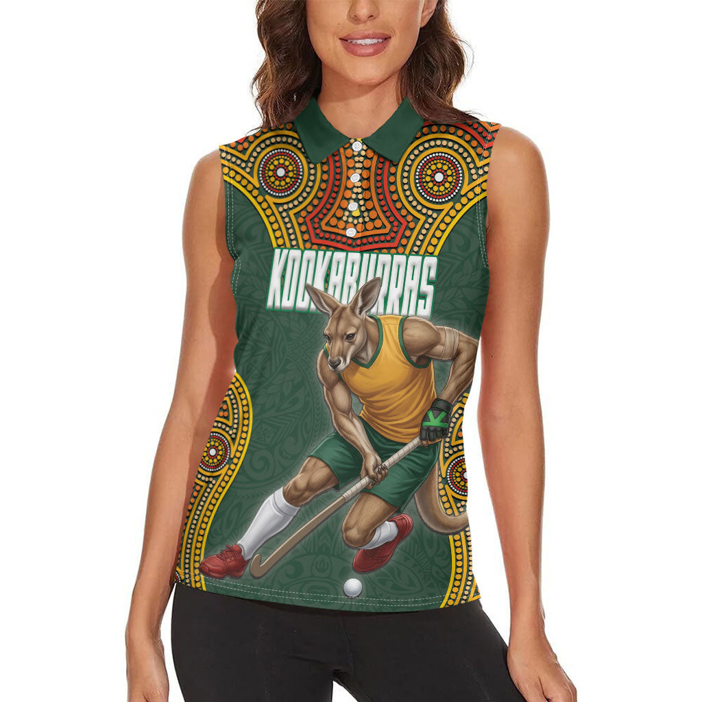 Personalized Kookaburras Field Hockey Women Sleeveless Polo Shirt Kangaroo Australian Indigenous Dot Art Style With Vibrant Sun Patterns