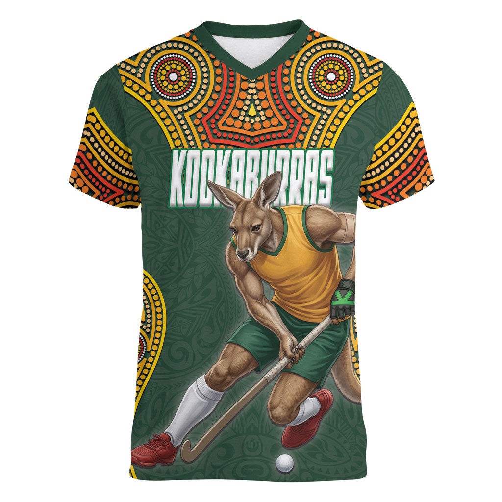 Personalized Kookaburras Field Hockey Women V-Neck T-Shirt Kangaroo Australian Indigenous Dot Art Style With Vibrant Sun Patterns