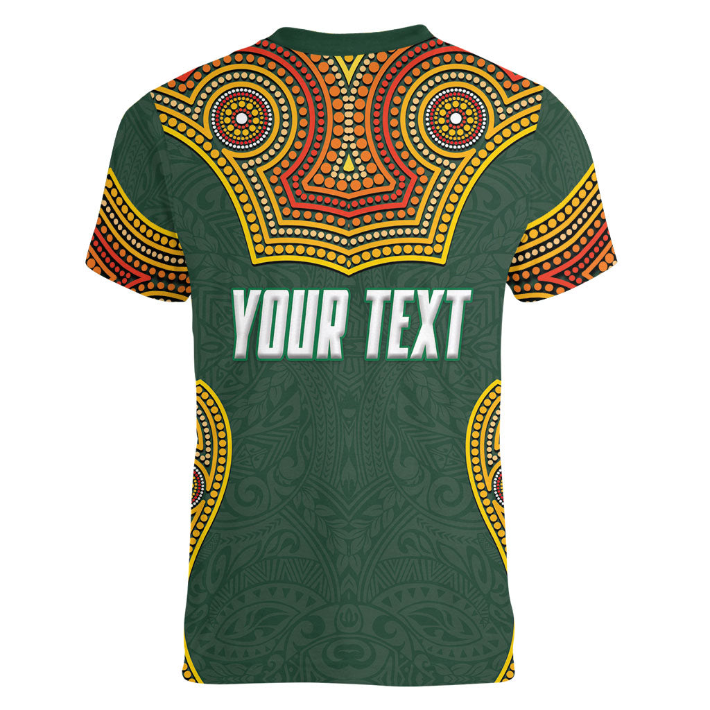 Personalized Kookaburras Field Hockey Women V-Neck T-Shirt Kangaroo Australian Indigenous Dot Art Style With Vibrant Sun Patterns