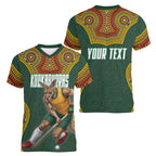 Personalized Kookaburras Field Hockey Women V-Neck T-Shirt Kangaroo Australian Indigenous Dot Art Style With Vibrant Sun Patterns