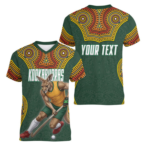 Personalized Kookaburras Field Hockey Women V-Neck T-Shirt Kangaroo Australian Indigenous Dot Art Style With Vibrant Sun Patterns
