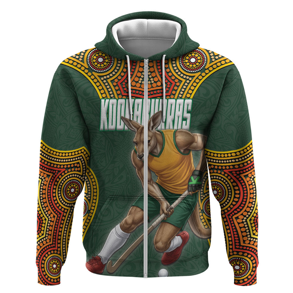 Personalized Kookaburras Field Hockey Zip Hoodie Kangaroo Australian Indigenous Dot Art Style With Vibrant Sun Patterns