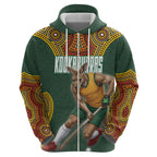 Personalized Kookaburras Field Hockey Zip Hoodie Kangaroo Australian Indigenous Dot Art Style With Vibrant Sun Patterns