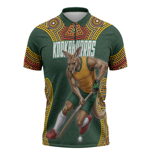 Personalized Kookaburras Field Hockey Zipper Polo Shirt Kangaroo Australian Indigenous Dot Art Style With Vibrant Sun Patterns