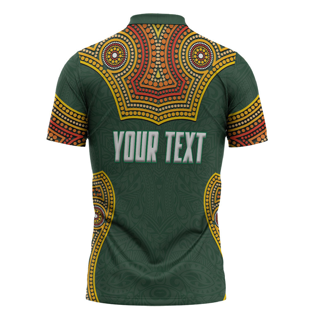 Personalized Kookaburras Field Hockey Zipper Polo Shirt Kangaroo Australian Indigenous Dot Art Style With Vibrant Sun Patterns