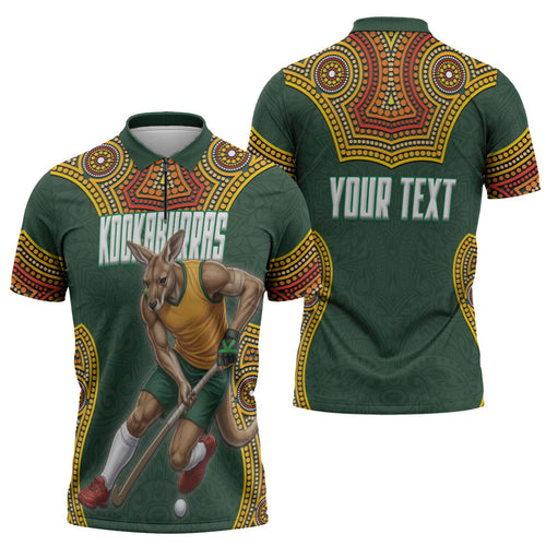 Personalized Kookaburras Field Hockey Zipper Polo Shirt Kangaroo Australian Indigenous Dot Art Style With Vibrant Sun Patterns