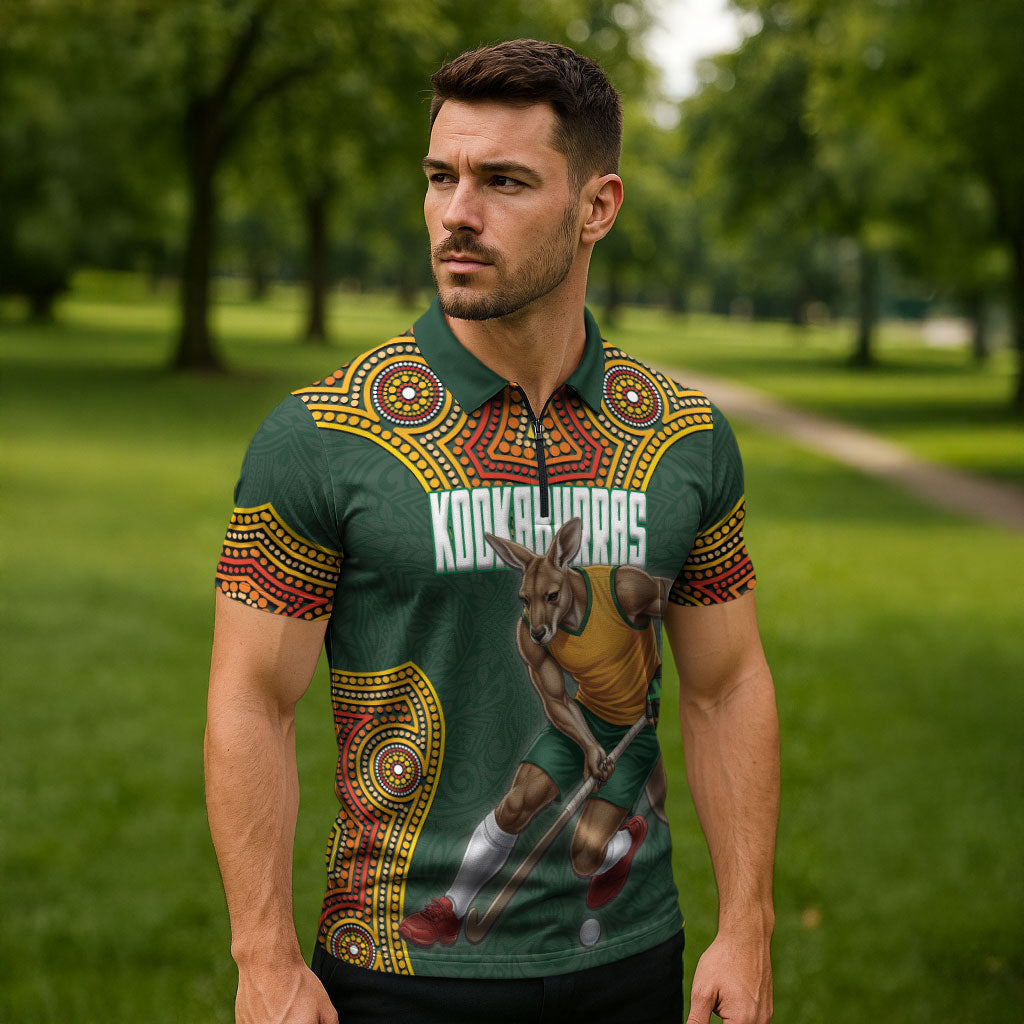 Personalized Kookaburras Field Hockey Zipper Polo Shirt Kangaroo Australian Indigenous Dot Art Style With Vibrant Sun Patterns