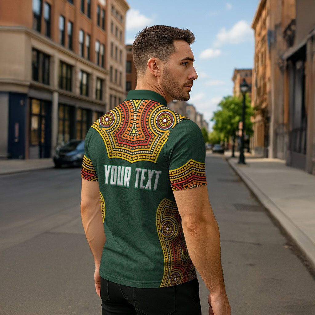 Personalized Kookaburras Field Hockey Zipper Polo Shirt Kangaroo Australian Indigenous Dot Art Style With Vibrant Sun Patterns