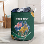 Personalized Kookaburras Field Hockey Kangaroo Laundry Basket Australian Flag Map With Abstract Green And Gold Wave Pattern
