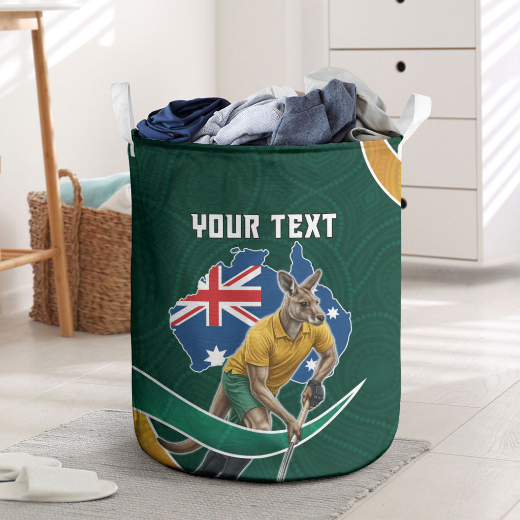 Personalized Kookaburras Field Hockey Kangaroo Laundry Basket Australian Flag Map With Abstract Green And Gold Wave Pattern