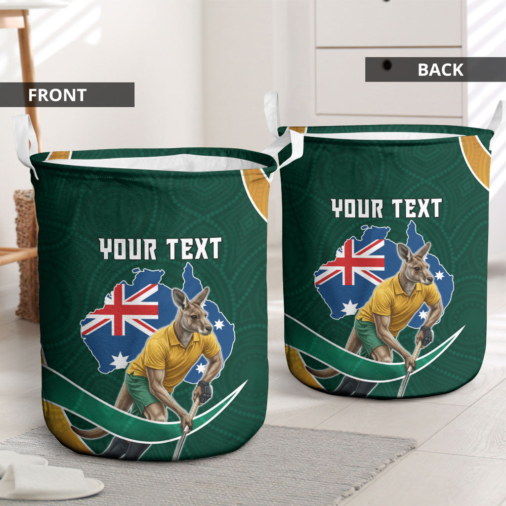 Personalized Kookaburras Field Hockey Kangaroo Laundry Basket Australian Flag Map With Abstract Green And Gold Wave Pattern