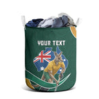 Personalized Kookaburras Field Hockey Kangaroo Laundry Basket Australian Flag Map With Abstract Green And Gold Wave Pattern