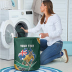 Personalized Kookaburras Field Hockey Kangaroo Laundry Basket Australian Flag Map With Abstract Green And Gold Wave Pattern