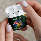 Personalized Kookaburras Field Hockey Kangaroo AirPods Case Australian Flag Map With Abstract Green And Gold Wave Pattern