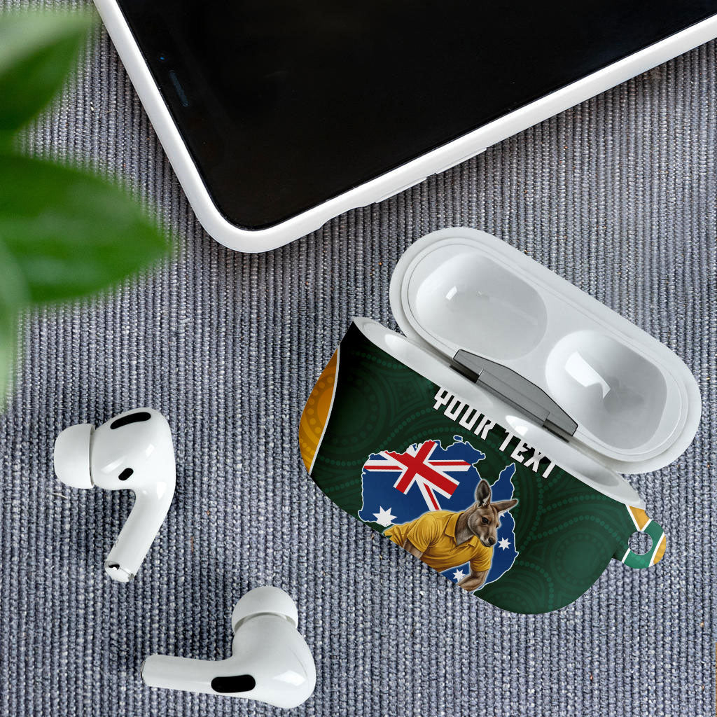 Personalized Kookaburras Field Hockey Kangaroo AirPods Case Australian Flag Map With Abstract Green And Gold Wave Pattern
