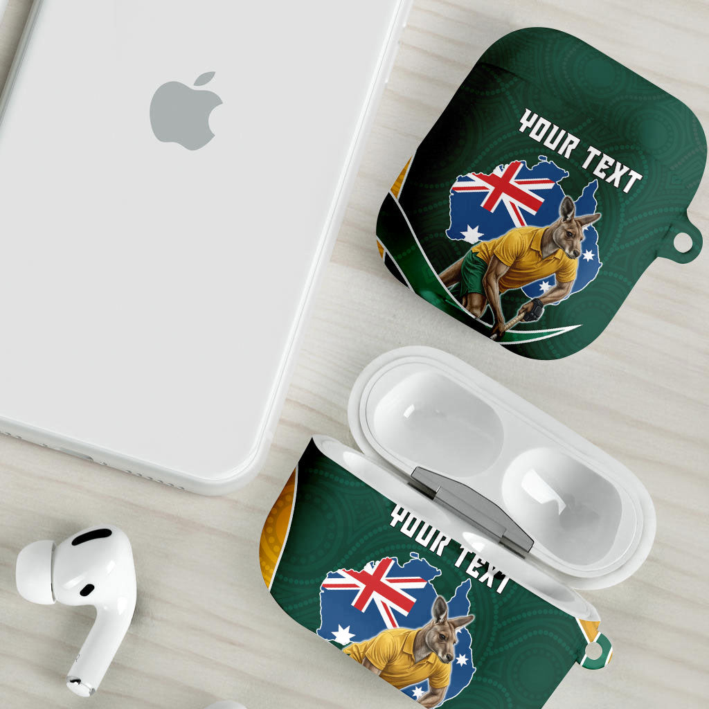 Personalized Kookaburras Field Hockey Kangaroo AirPods Case Australian Flag Map With Abstract Green And Gold Wave Pattern
