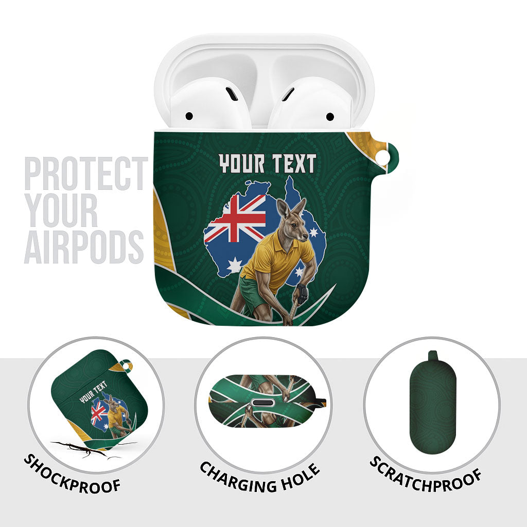 Personalized Kookaburras Field Hockey Kangaroo AirPods Case Australian Flag Map With Abstract Green And Gold Wave Pattern
