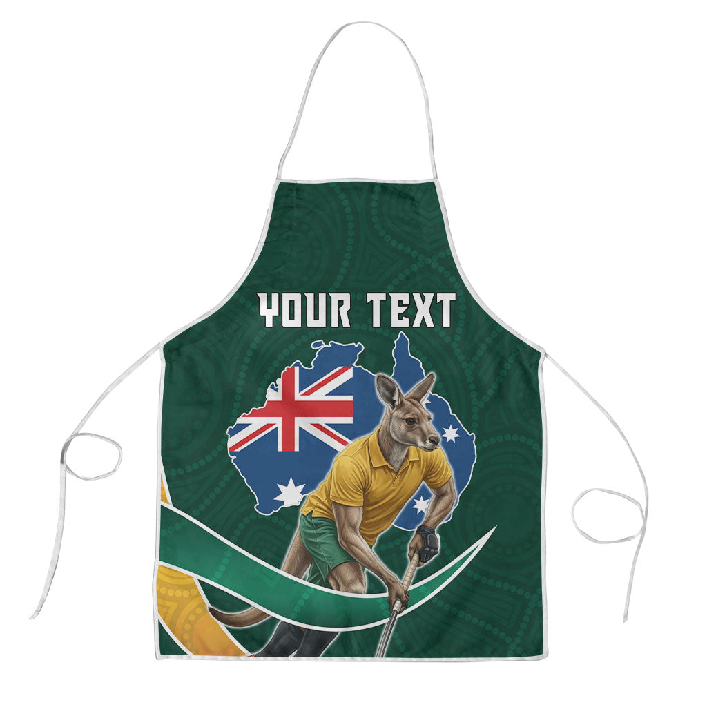 Personalized Kookaburras Field Hockey Kangaroo Apron Australian Flag Map With Abstract Green And Gold Wave Pattern