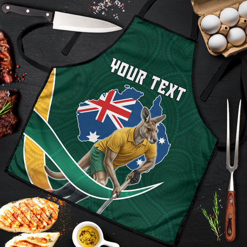 Personalized Kookaburras Field Hockey Kangaroo Apron Australian Flag Map With Abstract Green And Gold Wave Pattern
