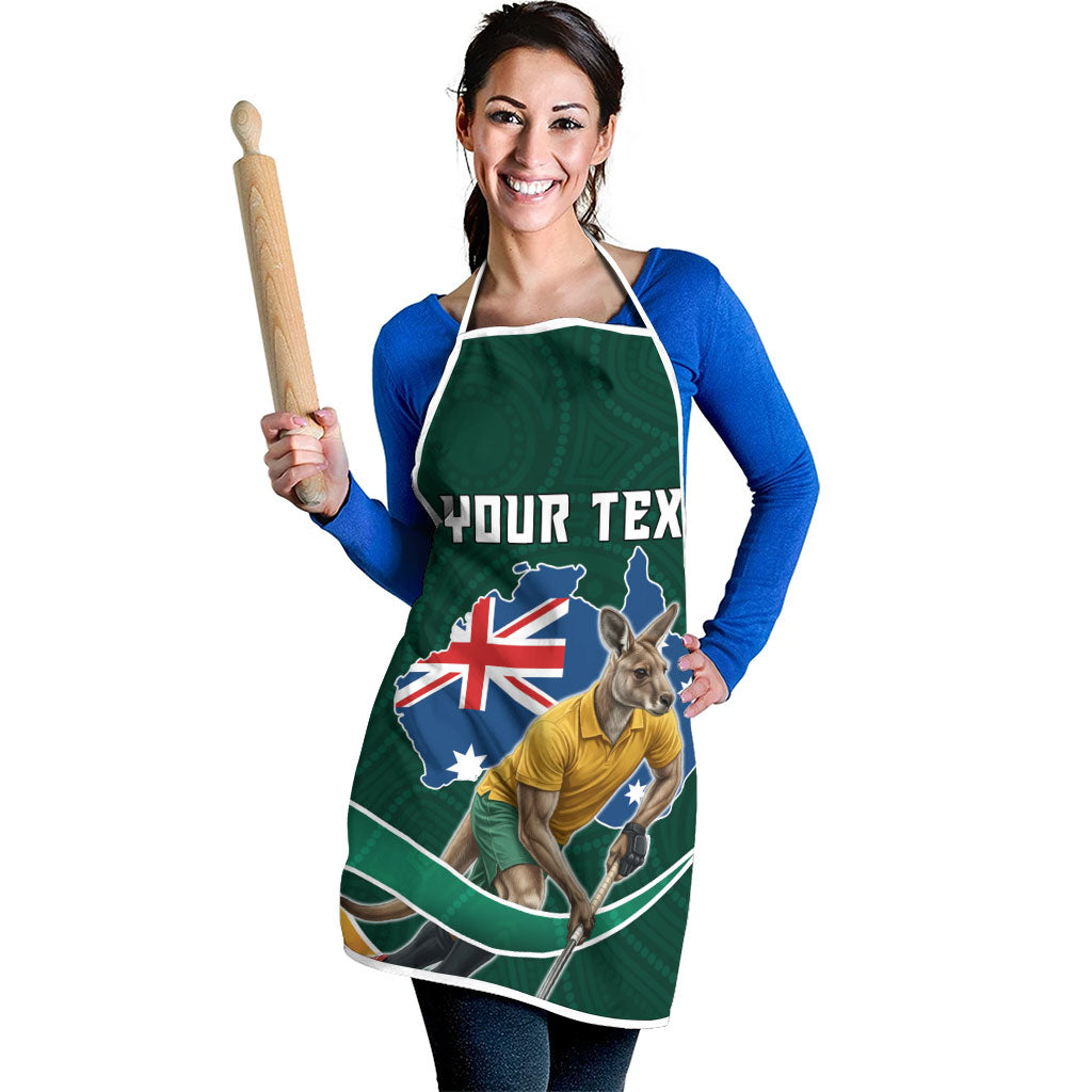 Personalized Kookaburras Field Hockey Kangaroo Apron Australian Flag Map With Abstract Green And Gold Wave Pattern