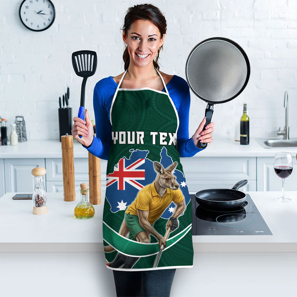 Personalized Kookaburras Field Hockey Kangaroo Apron Australian Flag Map With Abstract Green And Gold Wave Pattern
