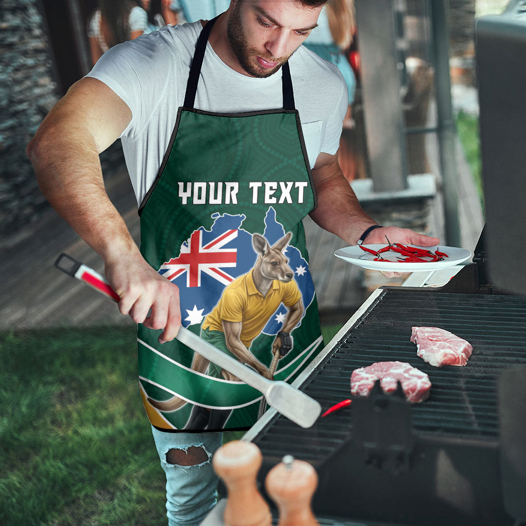 Personalized Kookaburras Field Hockey Kangaroo Apron Australian Flag Map With Abstract Green And Gold Wave Pattern