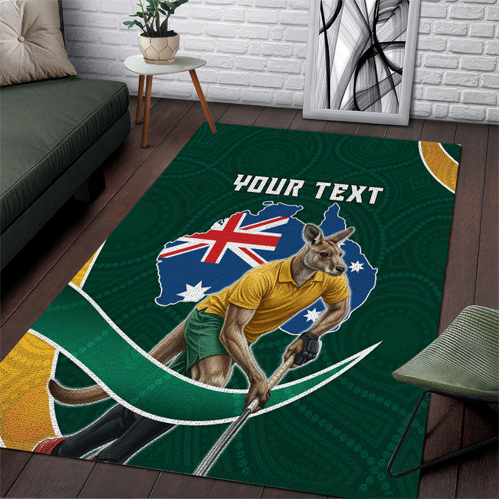 Personalized Kookaburras Field Hockey Kangaroo Area Rug Australian Flag Map With Abstract Green And Gold Wave Pattern