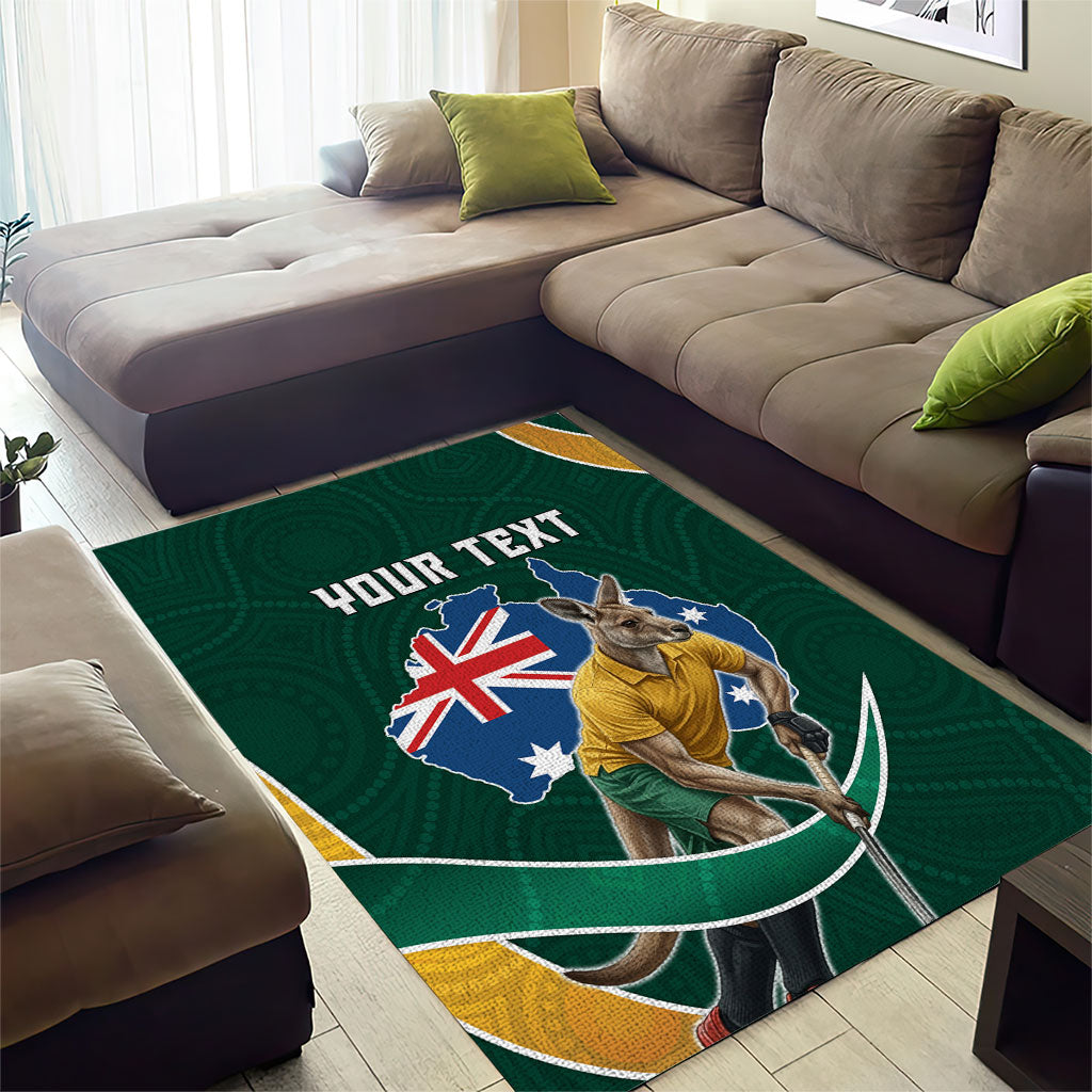 Personalized Kookaburras Field Hockey Kangaroo Area Rug Australian Flag Map With Abstract Green And Gold Wave Pattern