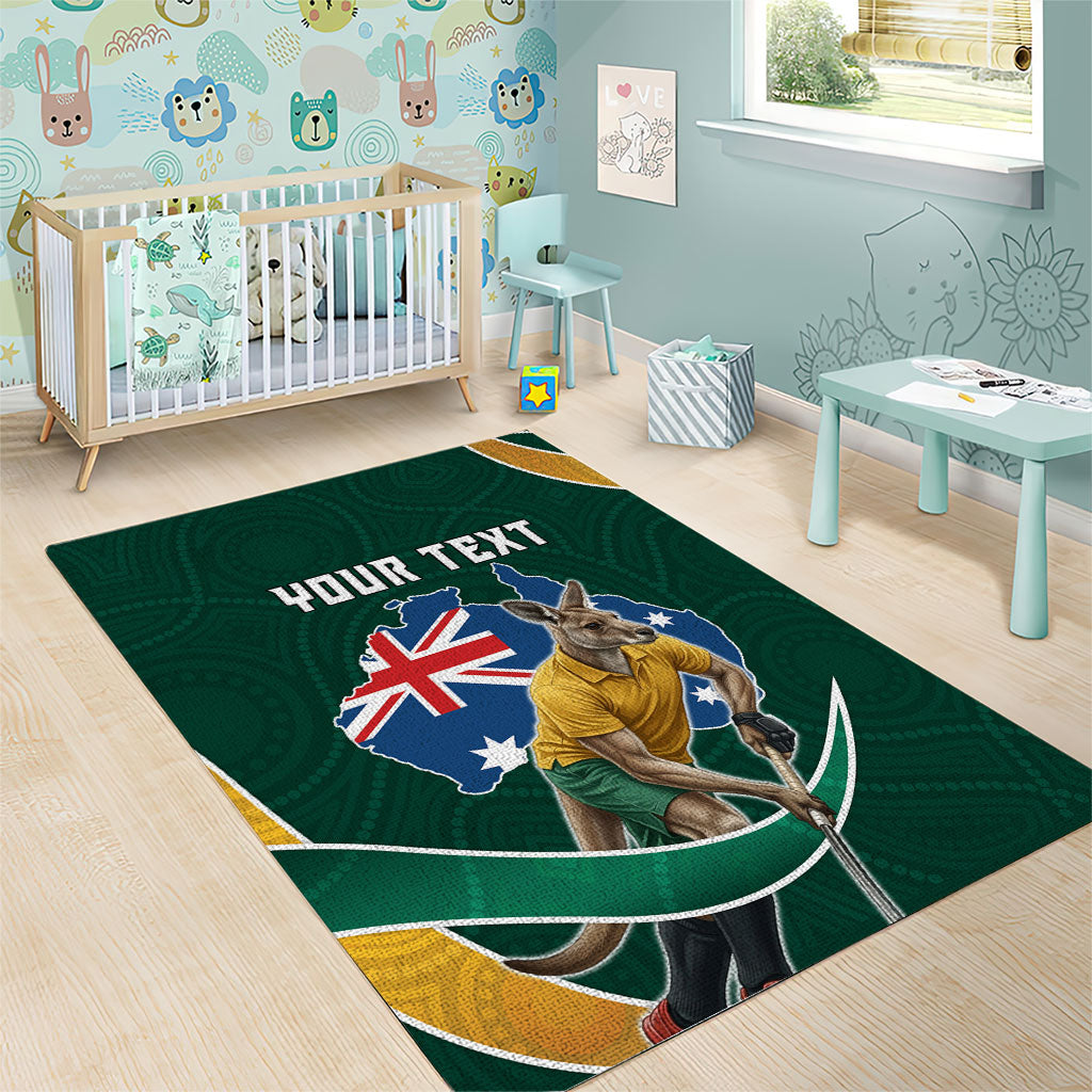 Personalized Kookaburras Field Hockey Kangaroo Area Rug Australian Flag Map With Abstract Green And Gold Wave Pattern