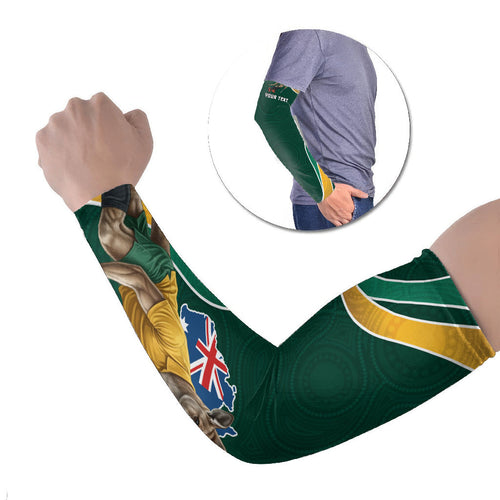 Personalized Kookaburras Field Hockey Kangaroo Arm Sleeves Australian Flag Map With Abstract Green And Gold Wave Pattern