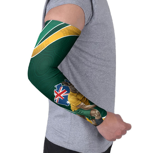 Personalized Kookaburras Field Hockey Kangaroo Arm Sleeves Australian Flag Map With Abstract Green And Gold Wave Pattern
