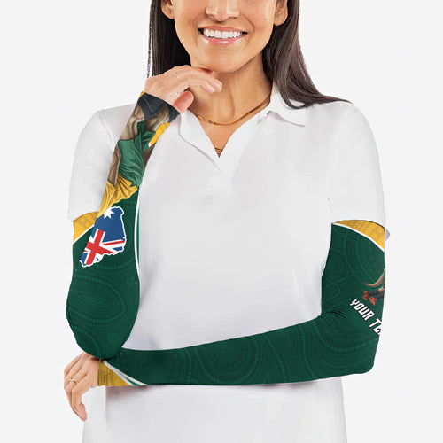 Personalized Kookaburras Field Hockey Kangaroo Arm Sleeves Australian Flag Map With Abstract Green And Gold Wave Pattern