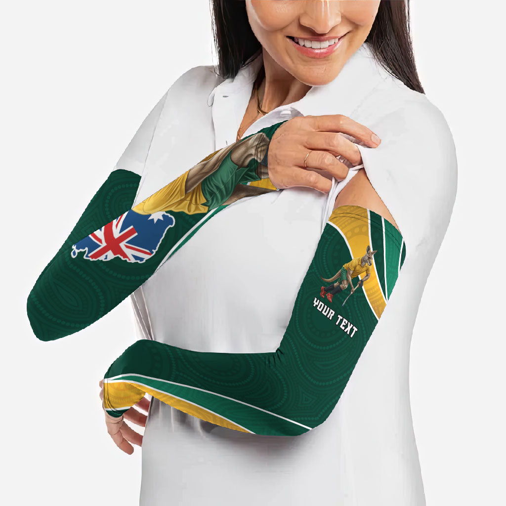 Personalized Kookaburras Field Hockey Kangaroo Arm Sleeves Australian Flag Map With Abstract Green And Gold Wave Pattern
