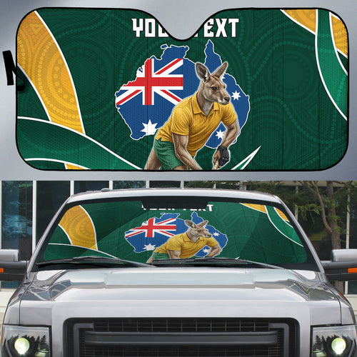 Personalized Kookaburras Field Hockey Kangaroo Auto Sun Shade Australian Flag Map With Abstract Green And Gold Wave Pattern