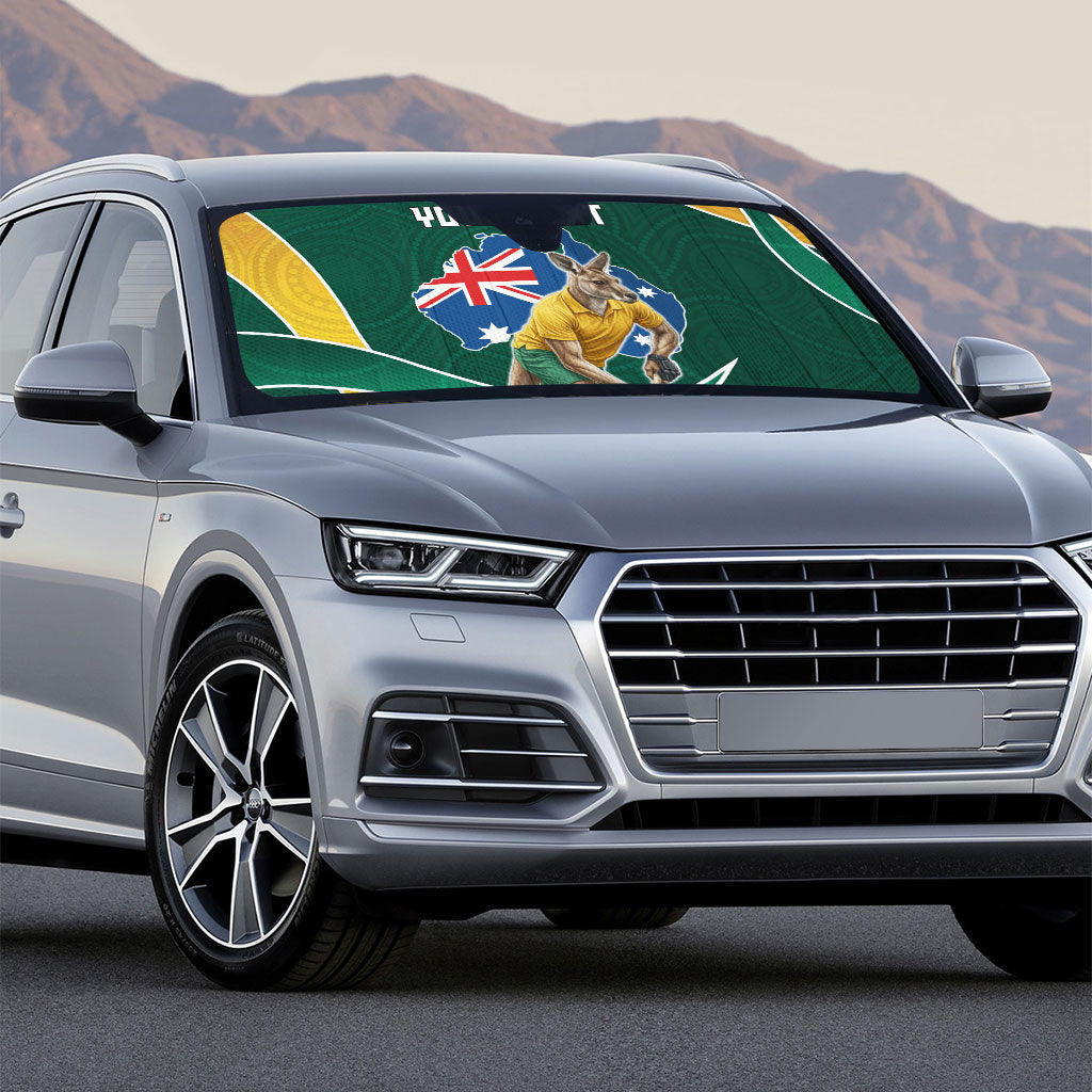 Personalized Kookaburras Field Hockey Kangaroo Auto Sun Shade Australian Flag Map With Abstract Green And Gold Wave Pattern